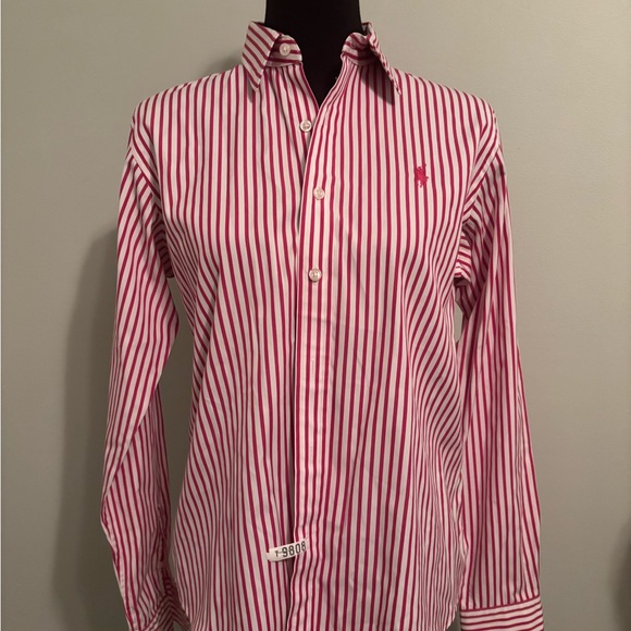 Ralph Lauren Sport Dark Pink and White Striped Ladies Shirt size 12 - Picture 2 of 8